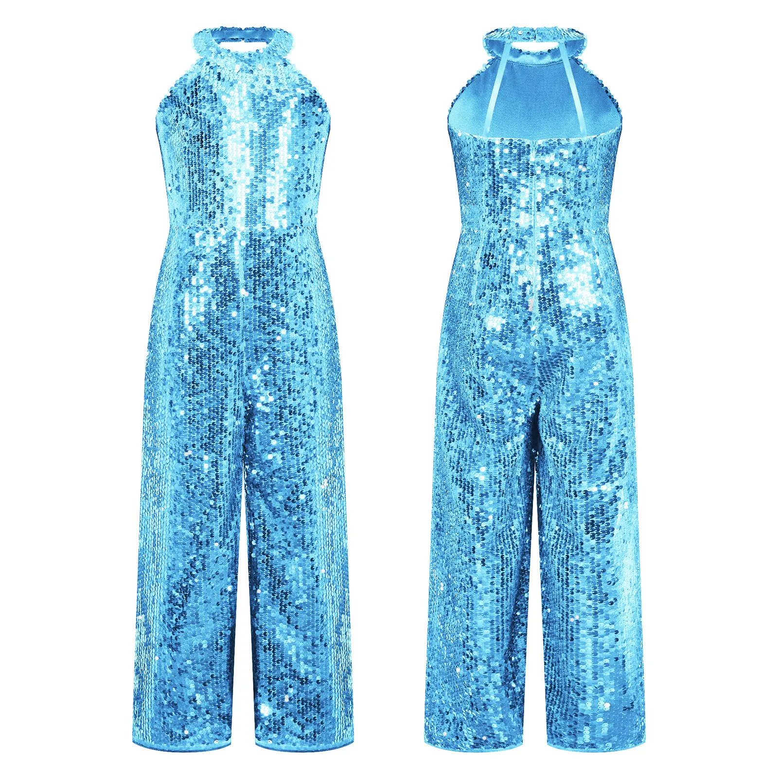 Kids Meisjes Sprankelende Volledige Lovertjes Lange Jumpsuit Romper Mouwloos Feest Full Body Rits Playsuit Dance Prom Turnpakje - afbeelding 1