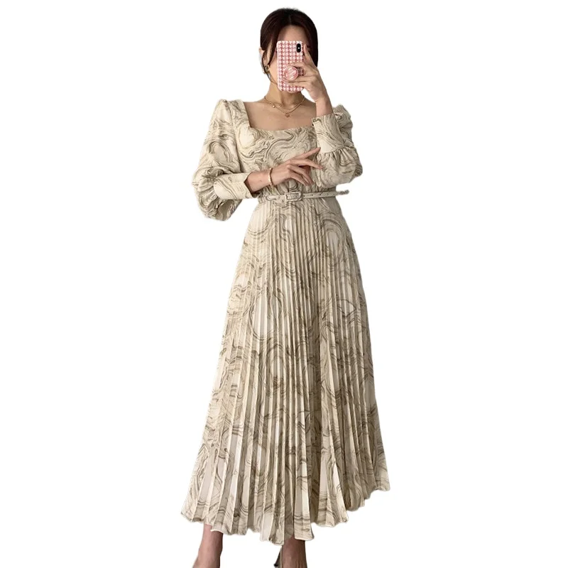 Autumn foreign style looks thin square collar ink printing waist long pleated dress with belt women