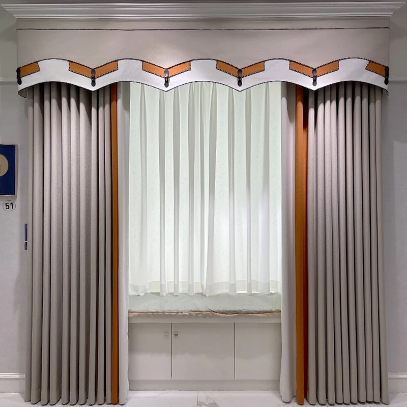 

Custom luxury modern Nordic simple cotton lace texture room window velvet grey blackout curtain tulle valance drape M1616