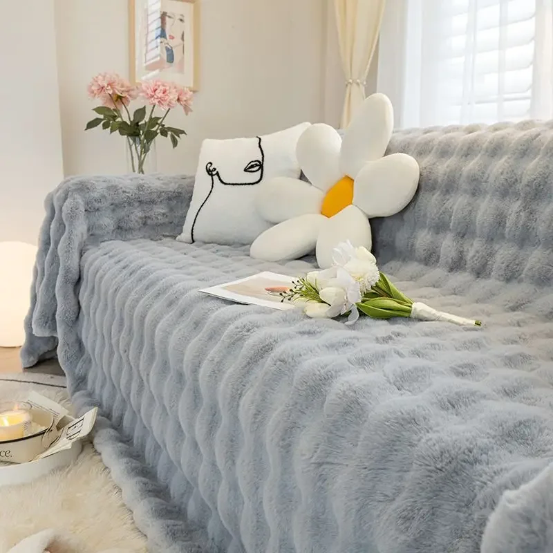 All-inclusive Plush Sofa Cover Anti-rabbit Velvet Warm Plush Sofa Cushion Premium Bubble Fleece Thickened Non-slip Couch Towels