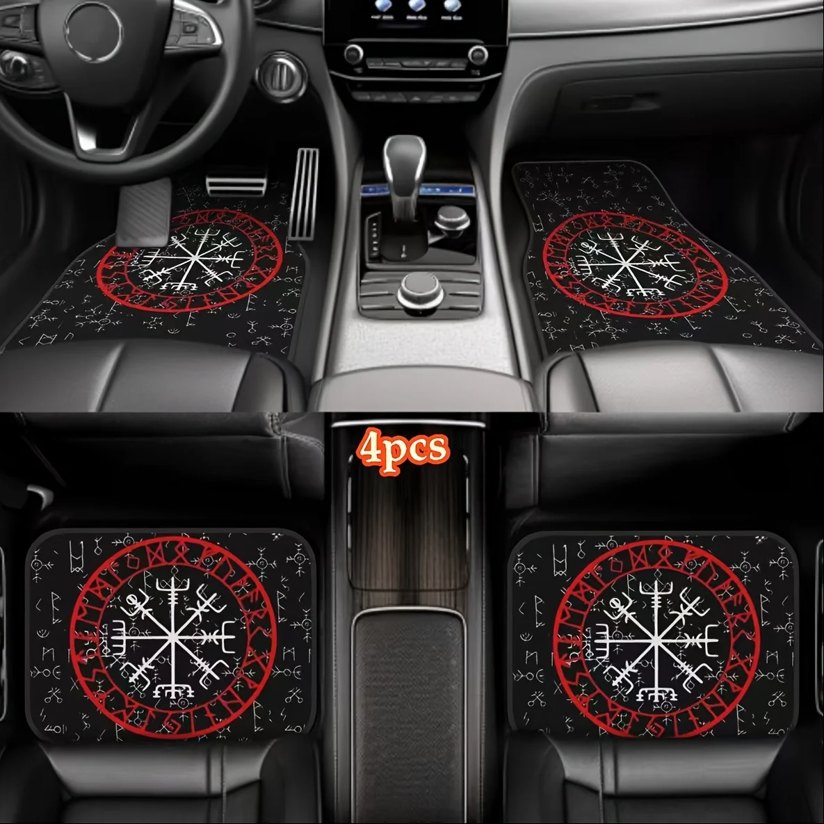 

4pcs Vintage Viking Pattern Car Floor Mats - Durable Polyester, Non-Slip, Easy To Clean, Fit For Cars, SUVs, And Vans - Ideal Gi