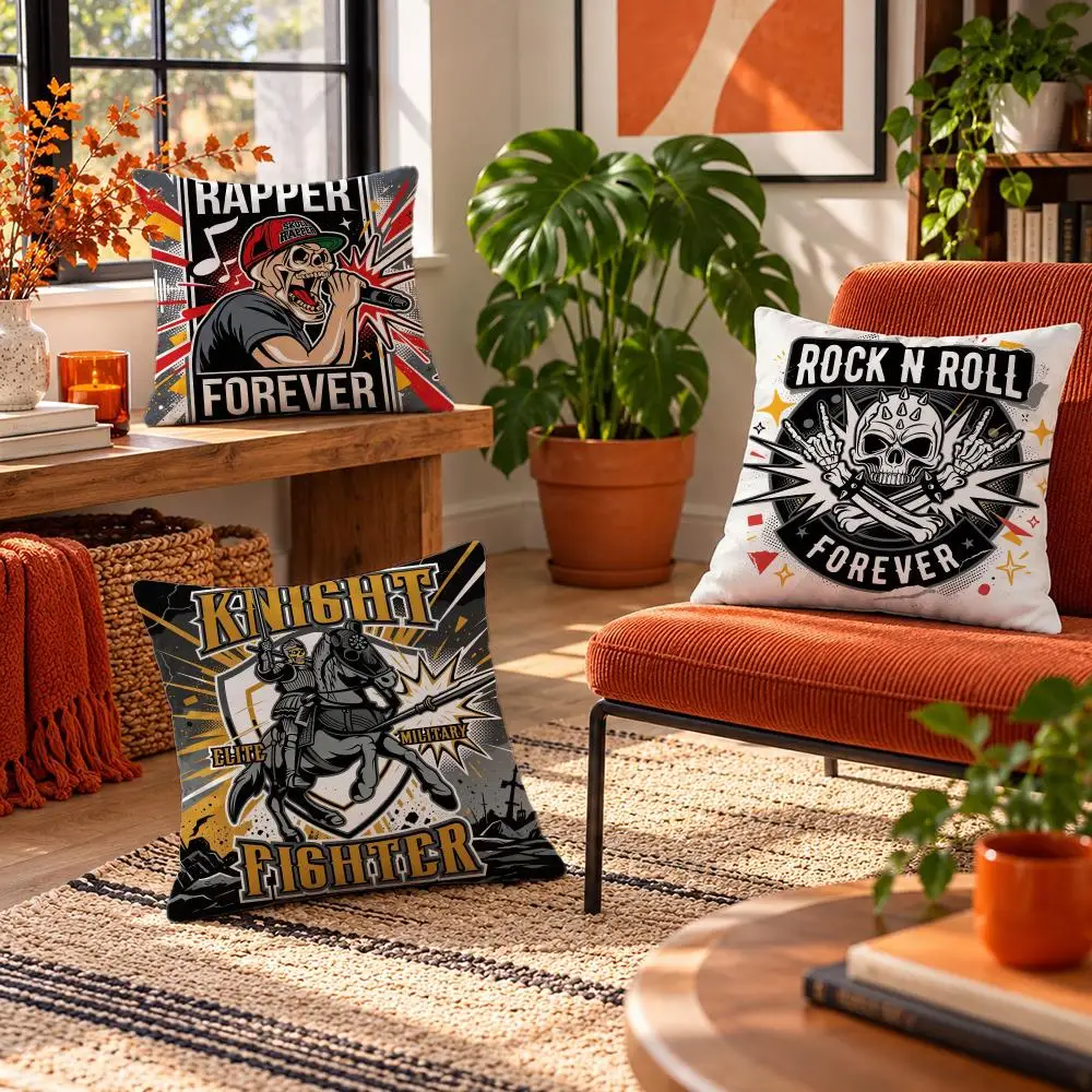 art Skull Badge Graffiti Cushion Cover Short Plush Throw Pillow Cover Soft Cozy Cushion Case for Sofa Bedroom Home Decor Gift