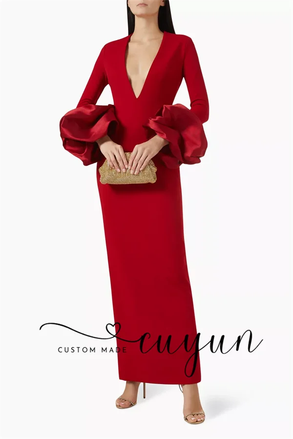 CUYUN Aangepaste Rode Enkellange Vrouwen Feestjurken Diepe V-hals Lange Mouwen Prom Avondjurken Bruiloft Banket Diner