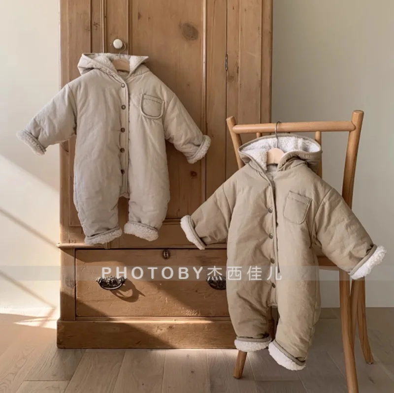 

2026 Baby Rompers Winter Newborn Baby Clothing Infants Baby Casual Jumpsuit Cotton Thick Fleece Hooded Warm Climbing Clothes