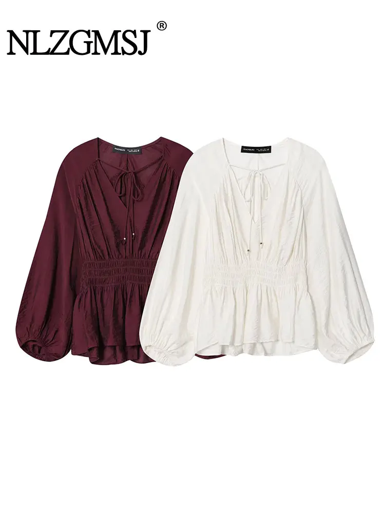 

NLAGMSJ 2022, осенняя женская однотонная рубашка с длинными рукавами, модные эластичные рубашки и блузки с v-образным вырезом на талии