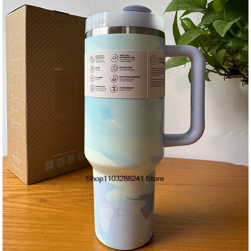 Handle Straw 40oz Vacuum Insulated Car Mug Star Blue Lid Stainless Steel Double Wall Thermal Iced Travel Cup for  s