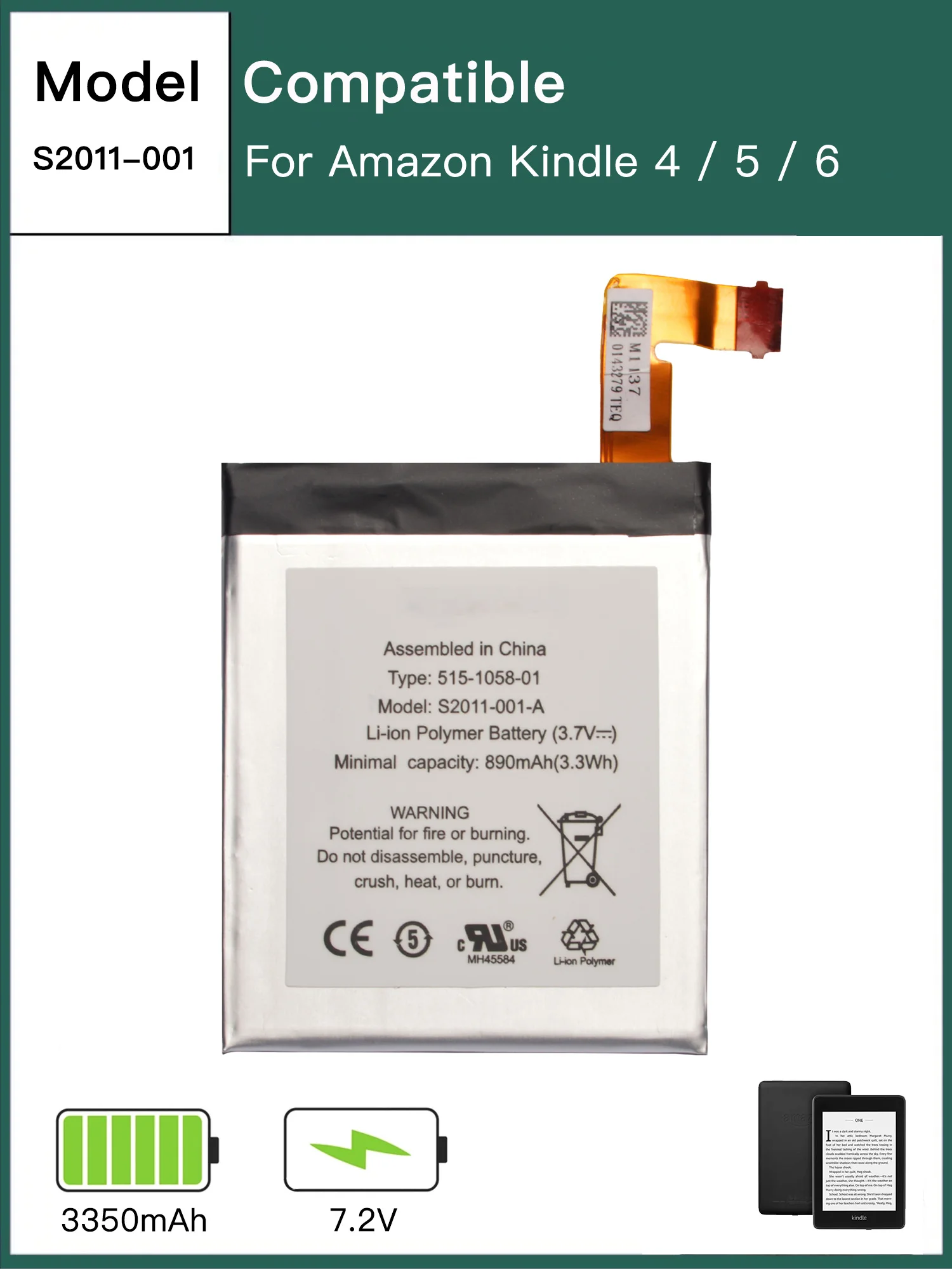 890mAh MC-265360 Battery For Amazon Kindle 4 Kindle 5 Kindle 6 D01100 S2011-001-A DR-A015 Batteries