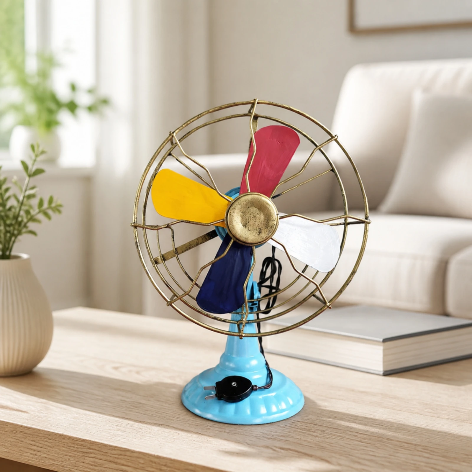 Old School Pedestal Fan Display Piece with Wire Cage Hand Painted Metal Tinplate Decor