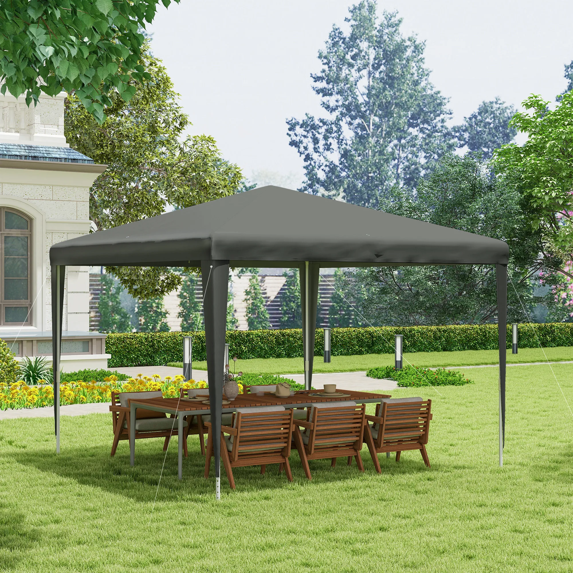 Outsunny Carpa Desmontable de Jardín 3x3 m Gazebo Cenador para Exteriores con 4 Orificios de Drenaje y Tubo de Acero Gris