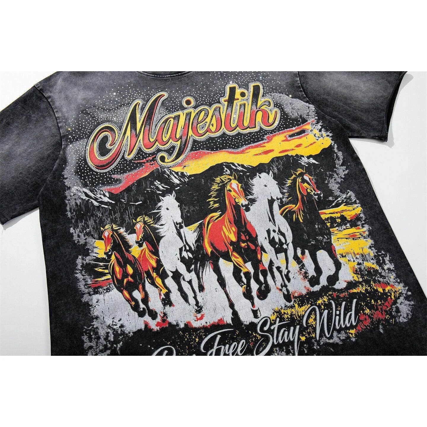 MAJESTIK Retro Beaded Print Short-Sleeved T-Shirt - Men and Women Washed and Weathered Heavyweight Loose-Fitting Casual Shirt