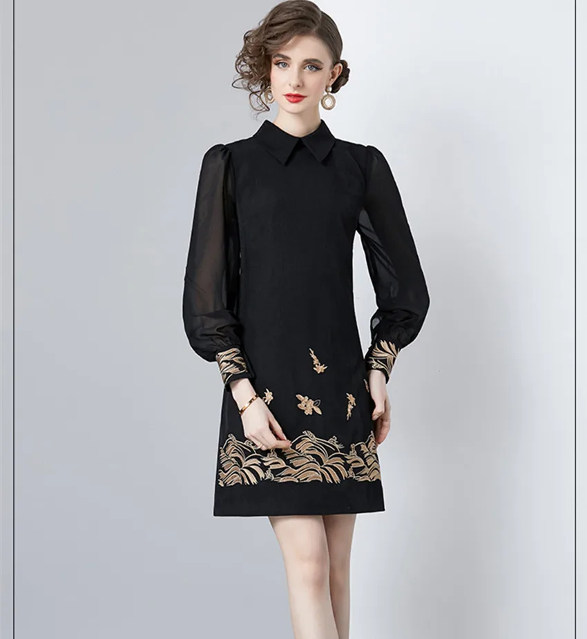 High Quality Lapel Collar Women Clothing 2024 New Spring Chiffon Lantern Sleeve Gold Thread Embroidery Flower Black Mini Dresses