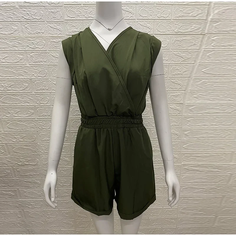 2024 Summer Sexy V-neck Backless Sleeveless Casual Elastic Short Playsuit Women Solid Overalls Large Size 3XL Loose Tunic Romper