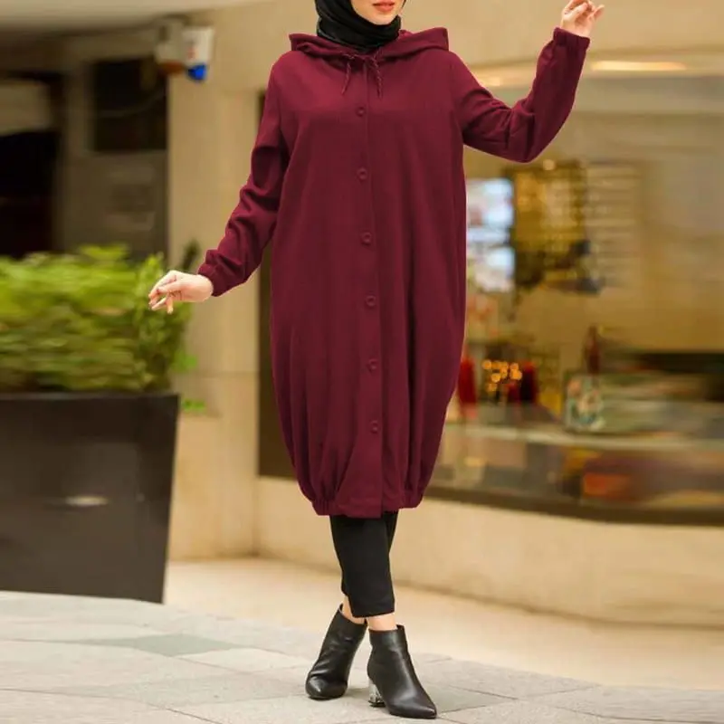 Muslim Spring and Autumn New Women's Solid Color Hooded Drawstring Casual Pocket Long Sleeve Fleece Loose Hoodie Dress