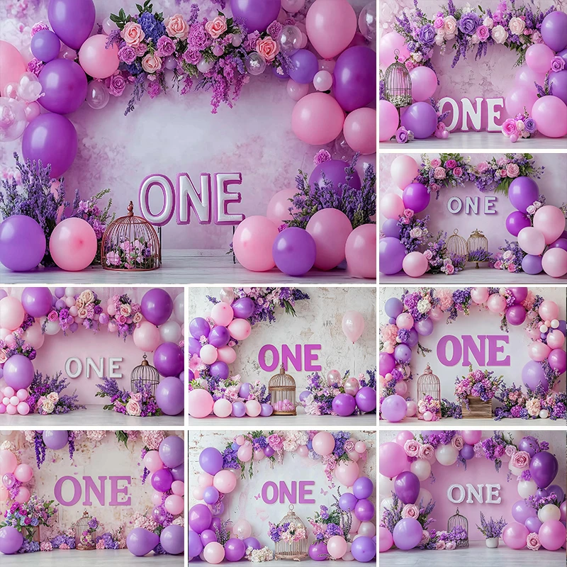 

LS Photography Background Purple Flowers Floral Garden Balloons Girl 1st Birthday Cake Smash Decor Backdrop Photo Studio