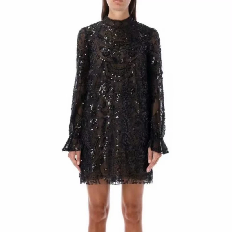 

Women Black Sequins Dress Full Sleeve Stand Collar fashion mini dress