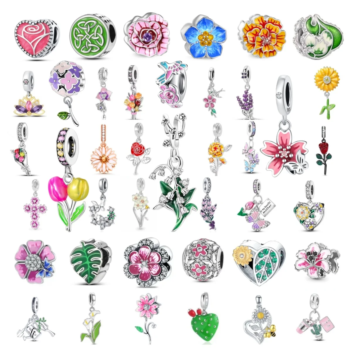 Original 925 Sterling Silver Charms Beads Pendant Lotus Tulip Rose Carnation Flower Series Bead Fit Bracelets Women Jewelry Gift