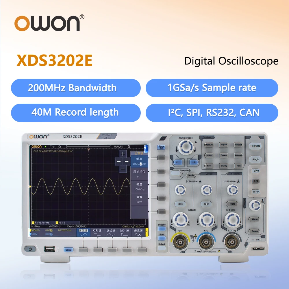 OWON XDS3202E XDS3204E Digital Oscilloscope 200MHz 1GSa/s 40M Record Length Support I2C SPI RS232 CAN Bus Decoding Bench Scope