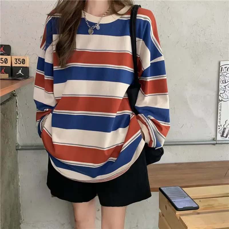 3D Print Casual Long Sleeve Striped T Shirt for Women 2026 Fall Winter Thin Loose Fit Rainbow Stripe Blouse Tee Top Plus Size