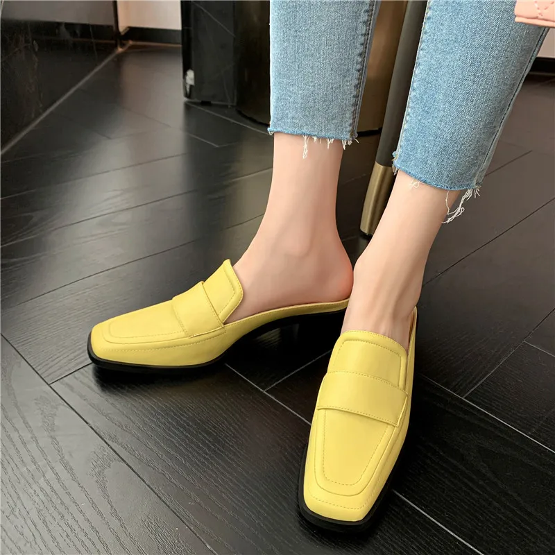 FEDONAS Women Pumps Spring Summer Genuine Leather Mules Thick Heels Square Toe Slippers Office Ladies Casual Sandals Shoes Woman