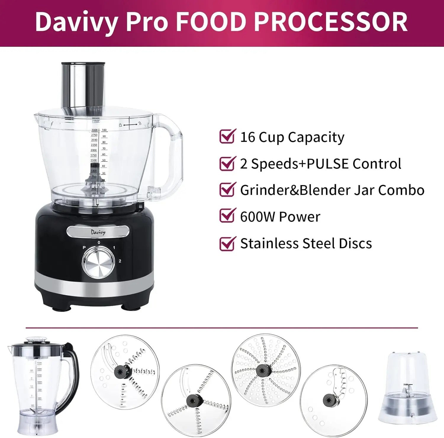 Davivy 16 Cup Food Processor Blender Combo,10-in-1 Multifunction 3.8L Food Chopper 7 CUP Blender 1 CUP Wet Grinder,600W