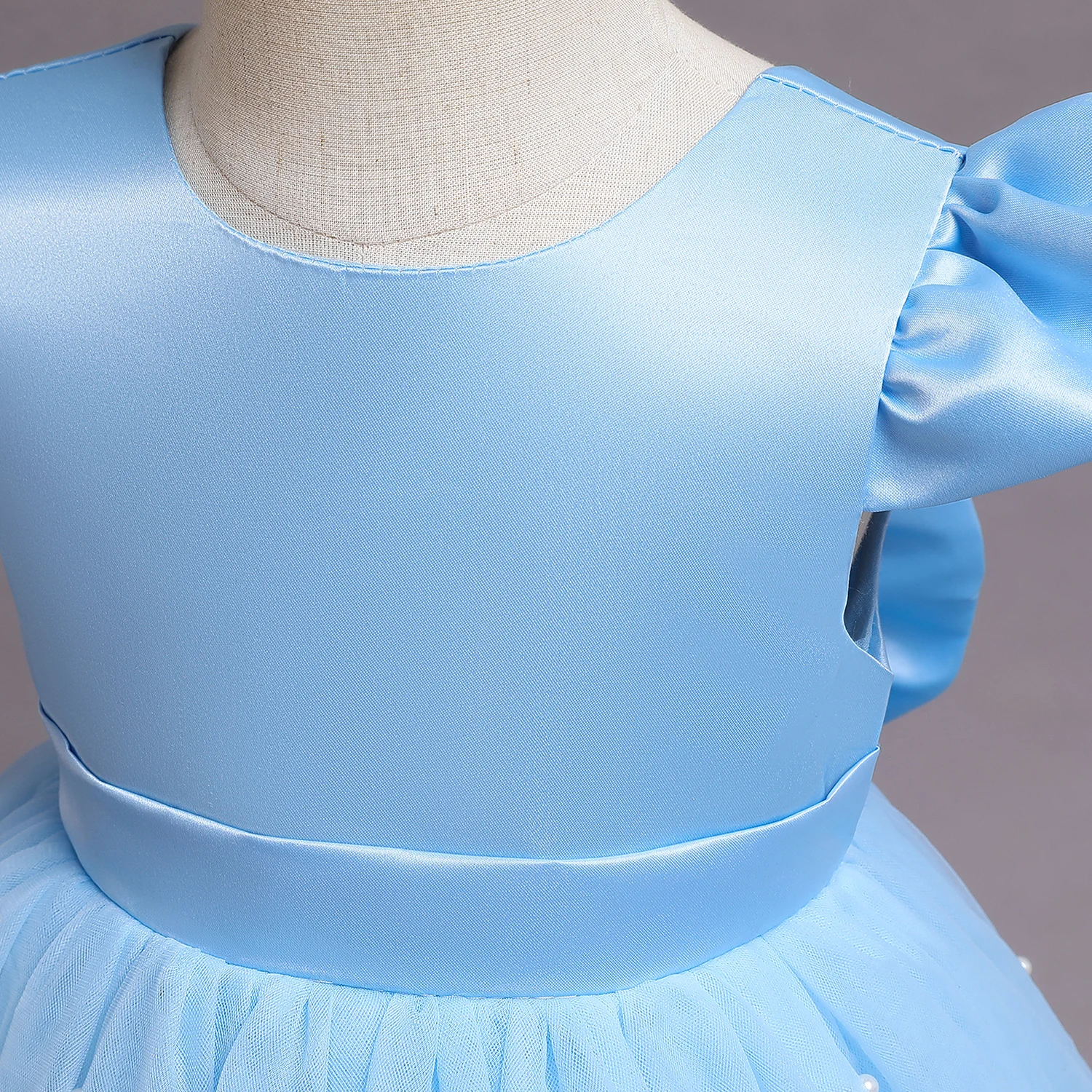 Toddler Baby Girl Birthday Party Dresses Backless Bow Beading Blue Princess Dress Newborn Infant Baptism Ceremony Costume 1-5Yrs