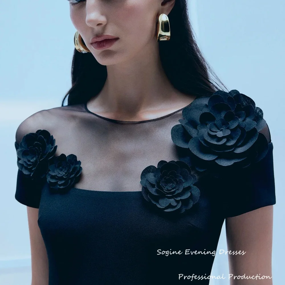 Satynowe suknie wieczorowe z aplikacjami 3D, dekolt okrągły, krótki rękaw, sukienka formalna dla kobiet, długi rozcięcie, suknie wieczorowe, suknie gorsetowe.