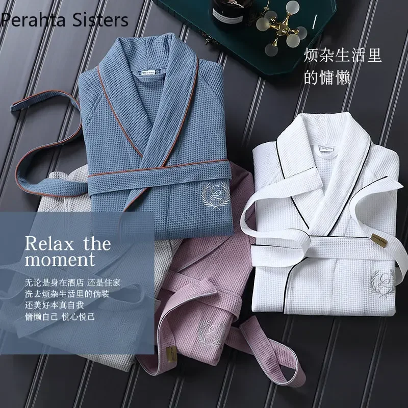 High Quality Hotel Home Waffle Bathrobe For Men Pure Cotton Embroidered Lapel Absent Bath Robe Men's Solid Color Dressing Gown