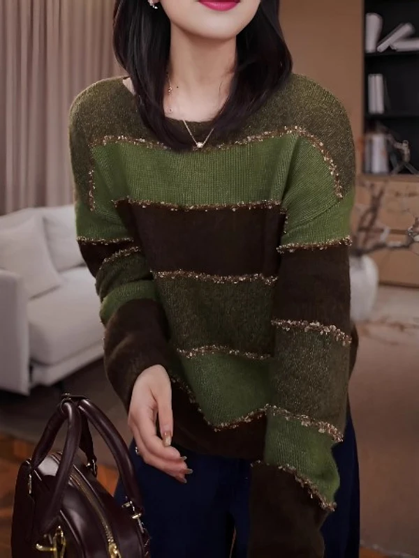 เสื้อไหมพรมทรงหลวม คอกลม ลายทาง สไตล์วินเทจ สำหรับผู้หญิง ไซส์ใหญ่ รุ่นใหม่ ฤดูใบไม้ร่วง ทรงเข้ารูป