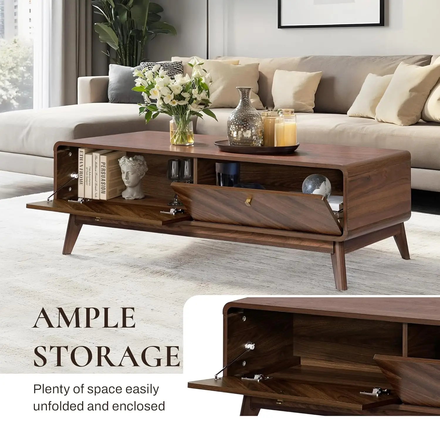 طاولة قهوة مع مساحة تخزين، طاولة قهوة حديثة لمنتصف القرن مقاس 47 بوصة، طاولات قهوة بحافة حية لغرفة المعيشة، مركز خشبي