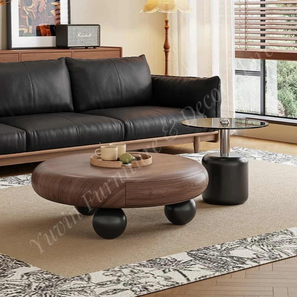 Creative Mid-Style Solid Wood Tabletop Living Room Apartment Storage Size Round Coffee Table