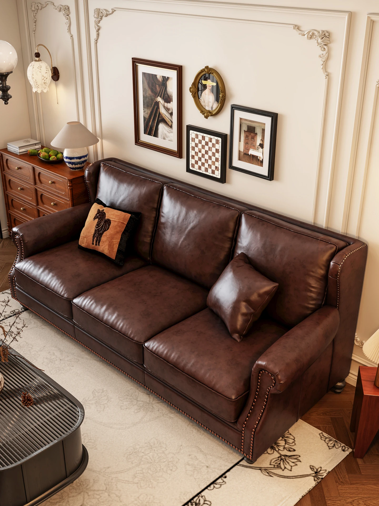 

American retro oil wax, leather sofa first layer cowhide, living room straight row, medieval style