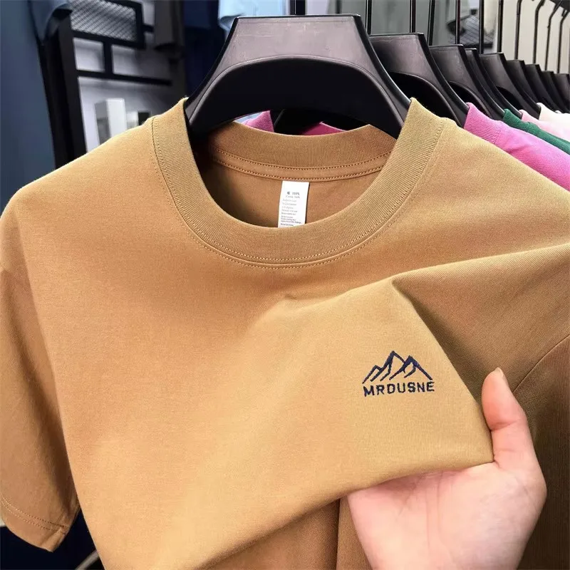 High end brand 100% cotton short sleeve T-shirt fashion mountain peak letter embroidery men's casual summer new round neck top