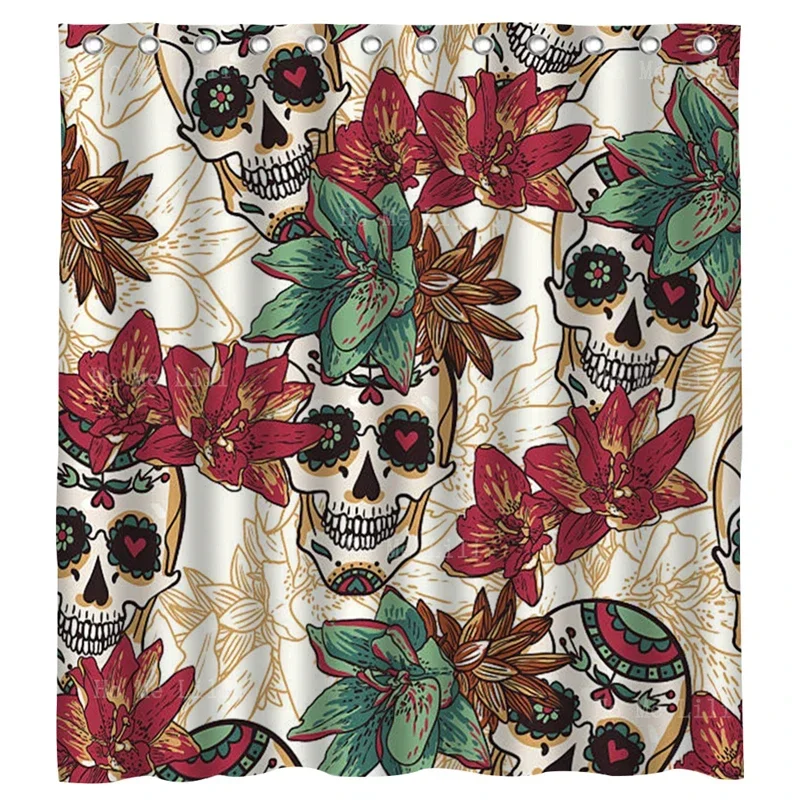 Mexican Folk Art Love All The Little Skulls In Back Skeletons Flowers And Colourful Decorations Shower Curtain By Ho Me Lili