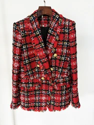 HIGH STREET Newest Fashion 2024 F/W Designer Jacket Women's Double Breasted Plaid Fringed Tweed Jacket