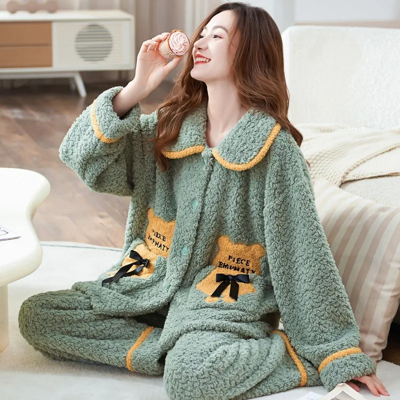 2023 New Doll Collar Pajamas Women Winter Padded Flannel Home Clothes Autumn Winter Warm Can Be Worn Outside