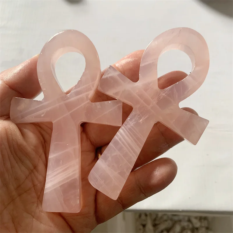 

10cm High Quality Natural Stone Healing Crystal Rose Quartz Anka Folk Crafts Crystal Carving Ankh For Home Decoration 1pcs