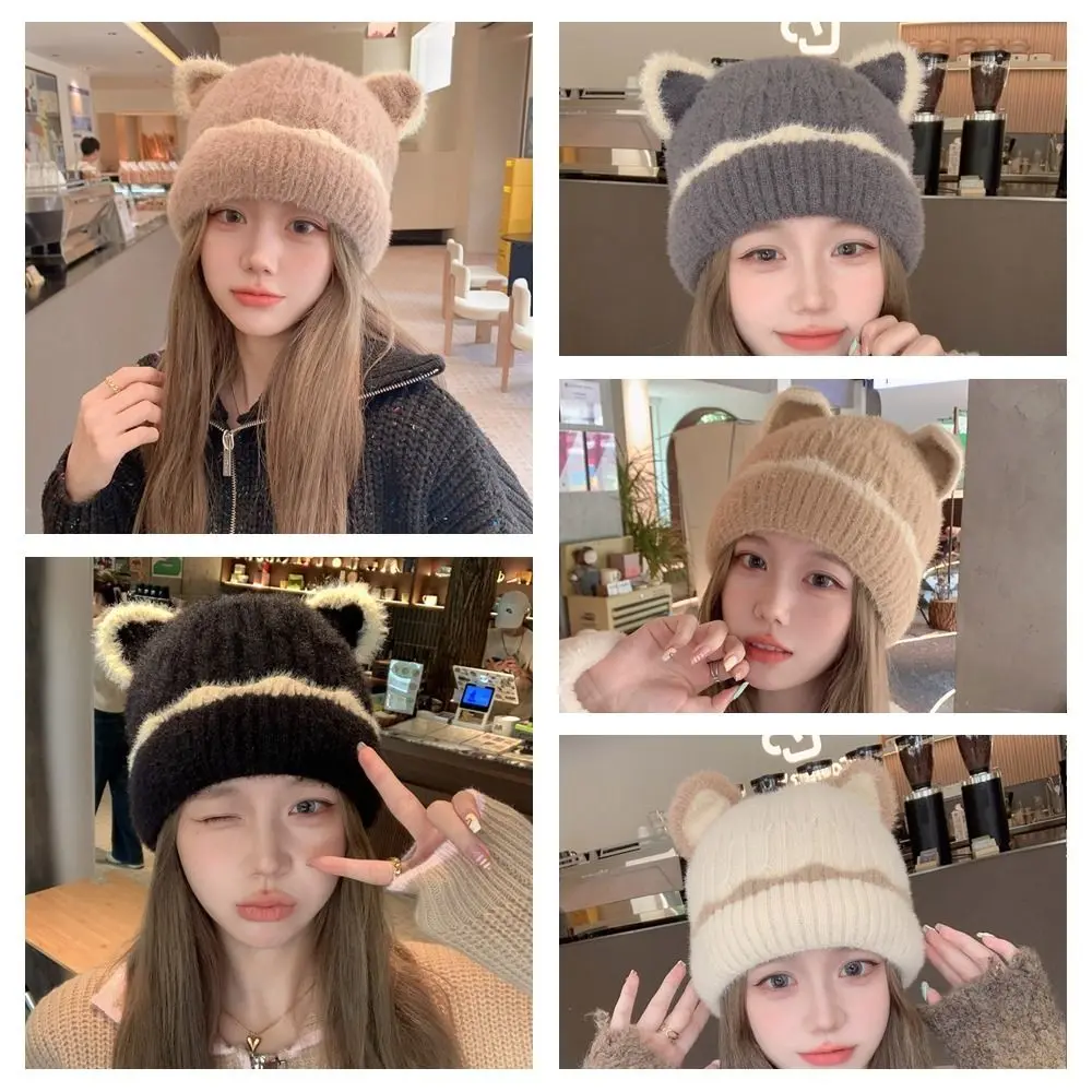 Solid Color Cat Ear Beanie Fashion Thicken Keep Warm Knitted Woolen Hat All-match Harajuku Knitted Beanie Winter