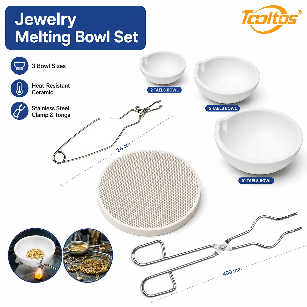 TOOLTOS 6PCS Jewelry Melting Crucible Tool Set 40cm Tongs 3 Melting Bowls Bowl Clamp Round Honeycomb Soldering Board for Gold Silver