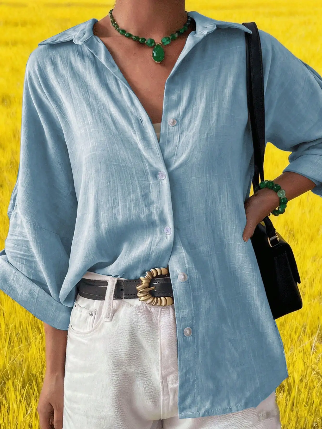 

Women's Casual Linen Solid Color Roll-Up Sleeve Button Down Shirt Spring Summer