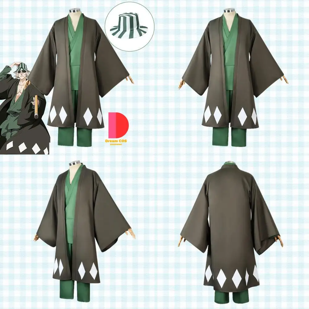 

Popular Anime Character Cosplay Costume Kisuke Urahara Green Kimono Set Role Play Suit for Men Hat for Comic Con Halloween Party