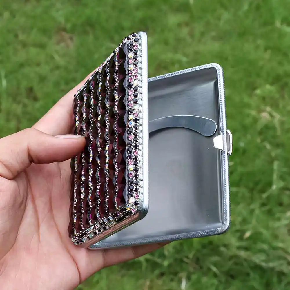 Women\'s Metal Cigarette Case 20pcs Capacity 84mm King Size, Shiny Rhinestone Exquisite Cigarette Box Holder