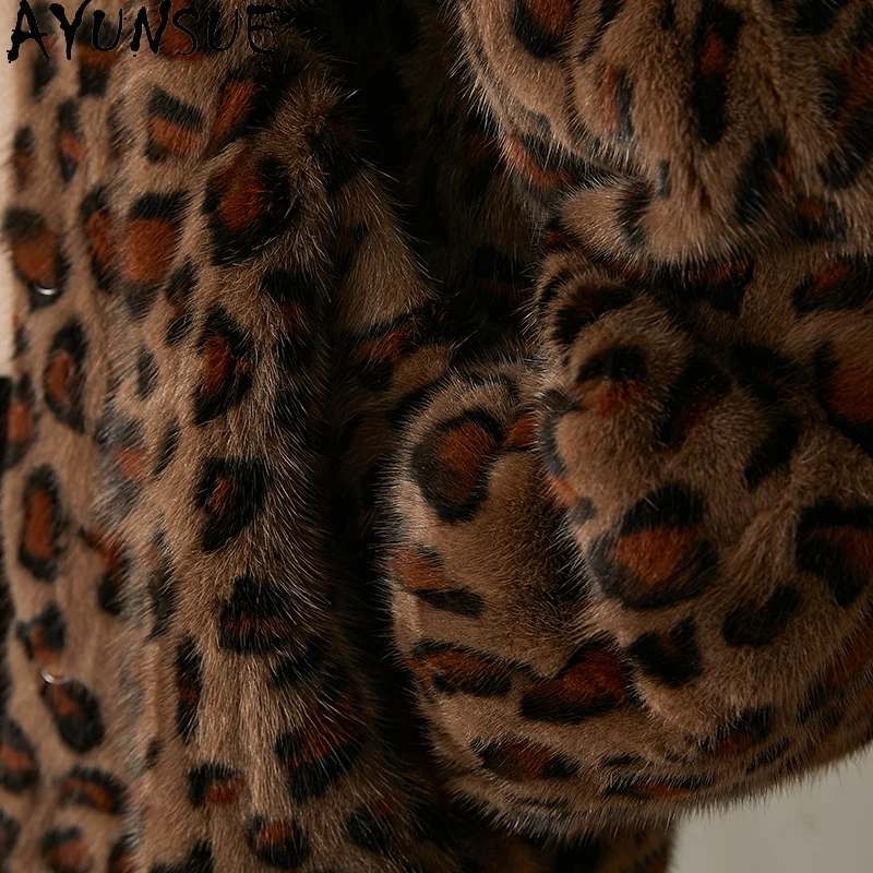 AYUNSUE Prawdziwy Płaszcz z Futra Norki Damski Luksusowe Płaszcze z Prawdziwego Futra Modne Płaszcze Damskie w Leopardzi Wzór Zimowa Kurtka Шуба Женская