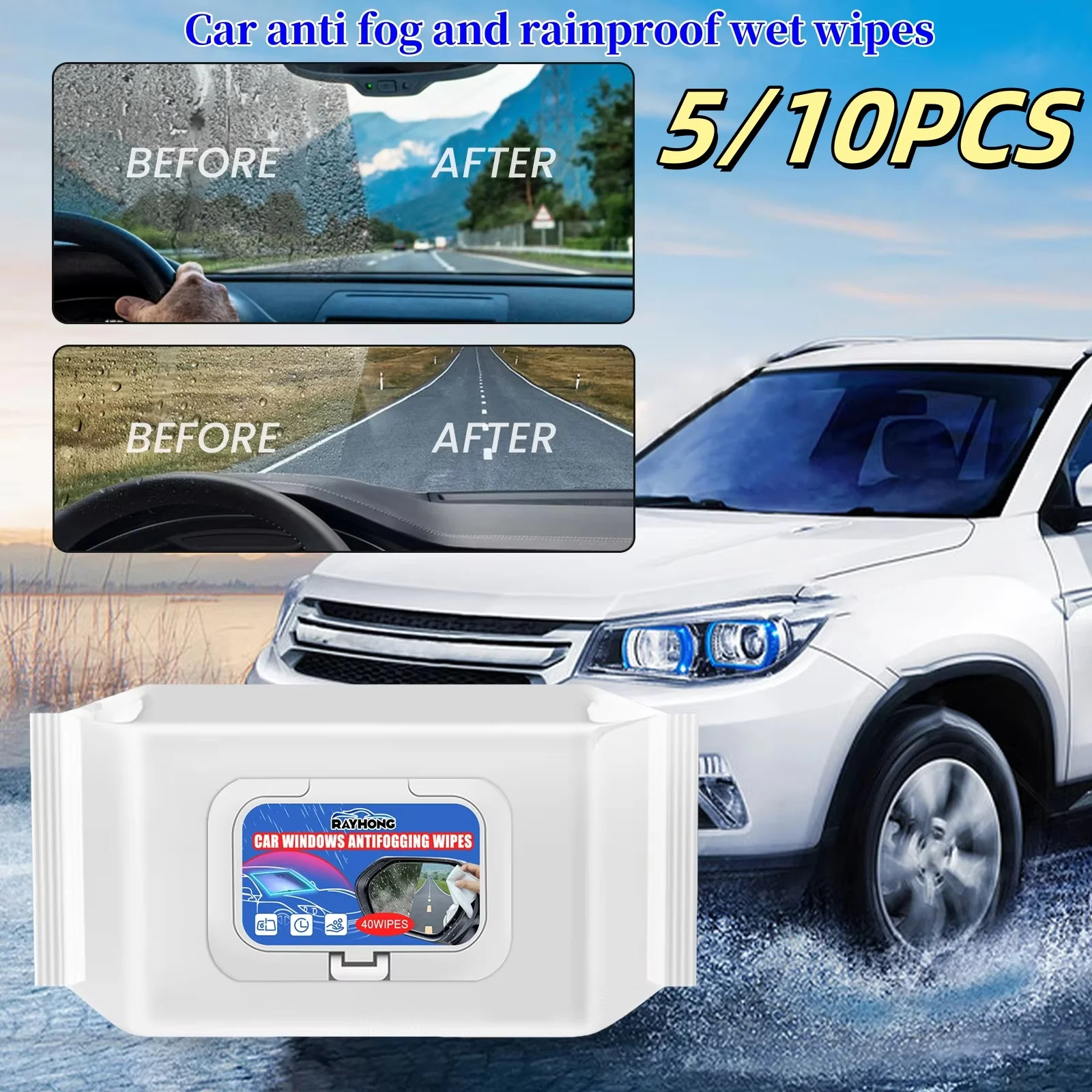 Car Anti-Fog Wipes Multi-Surface Glass Cleaning Wipes 40 Count Rain-Proof Anti Fog Car Interior Windshield Window Cleaner Wipes