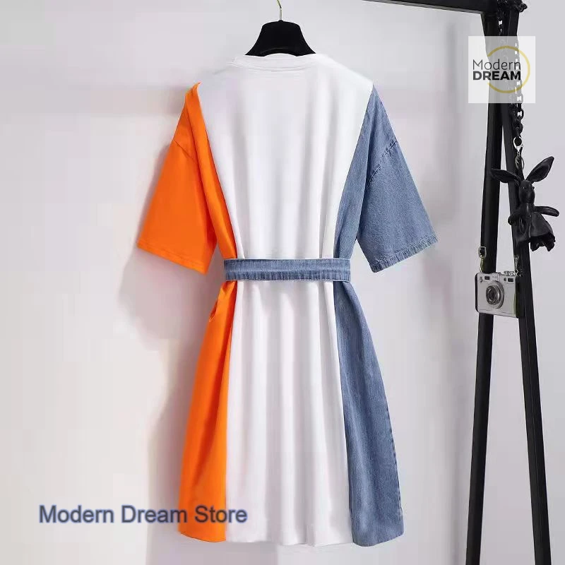 Koreaanse mode denim print stiksels T-shirt jurk vrouwelijke zomer nieuw temperament geavanceerd ontwerp gevoel niche taille slanke rok