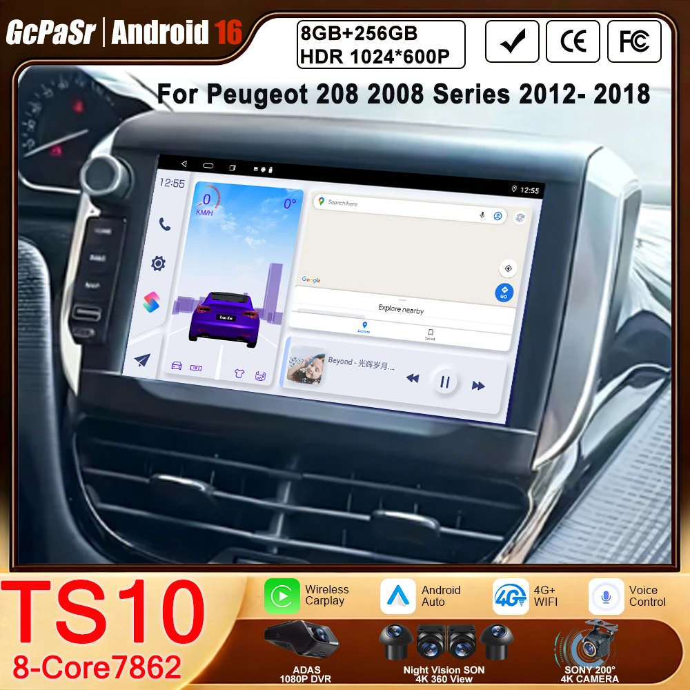 Android 16 para Peugeot 208 2008 Serie 2012-2018, Reproductor de Radio para Auto con CarPlay Inalámbrico, Pantalla Estéreo GPS, Navegación GPS, Radio para Auto