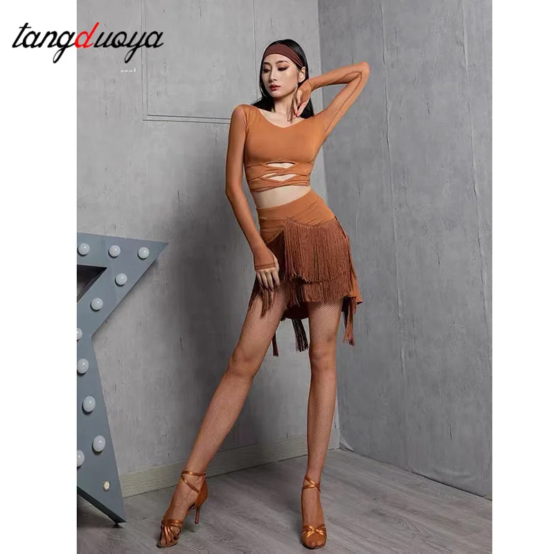 جديد إمرأة اللاتينية تنورة رقص غير النظامية شرابات قاعة الرقص رومبا سامبا Dancewear الإناث الرقص التدريب تشاتشا أداء زي