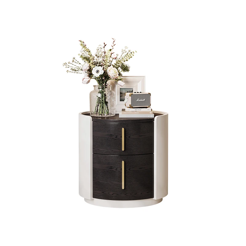 #Luxury Modern Round Curved 2-Drawer Nightstand Black Wood Grain with Gold Bar Handles Two-Tone Bedside Storage Cabinet
