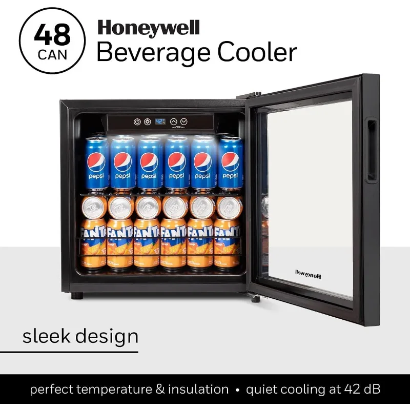 Honeywell Beverage Refrigerator and Cooler, 48 Can Mini Fridge with Glass Door for Soda Beer or Wine for Office with Adjustable