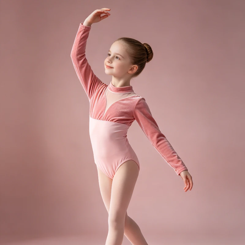 

Girls Long Sleeve Velvet Mesh Ballet Leotard, Dance Bodysuit Winter Practice Training Gymnastics Ballerina Dancewear