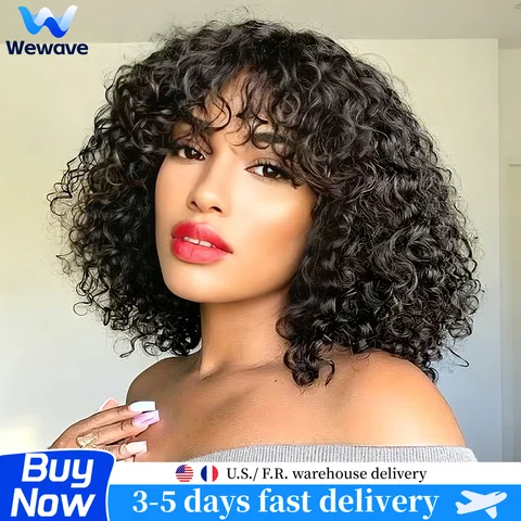 Deep Wave Short Bob Wig Human Hair With Bangs 3x1 Middle Part Lace Machine Made Wig Brazilian Curly Human Hair Wig Natural Color
